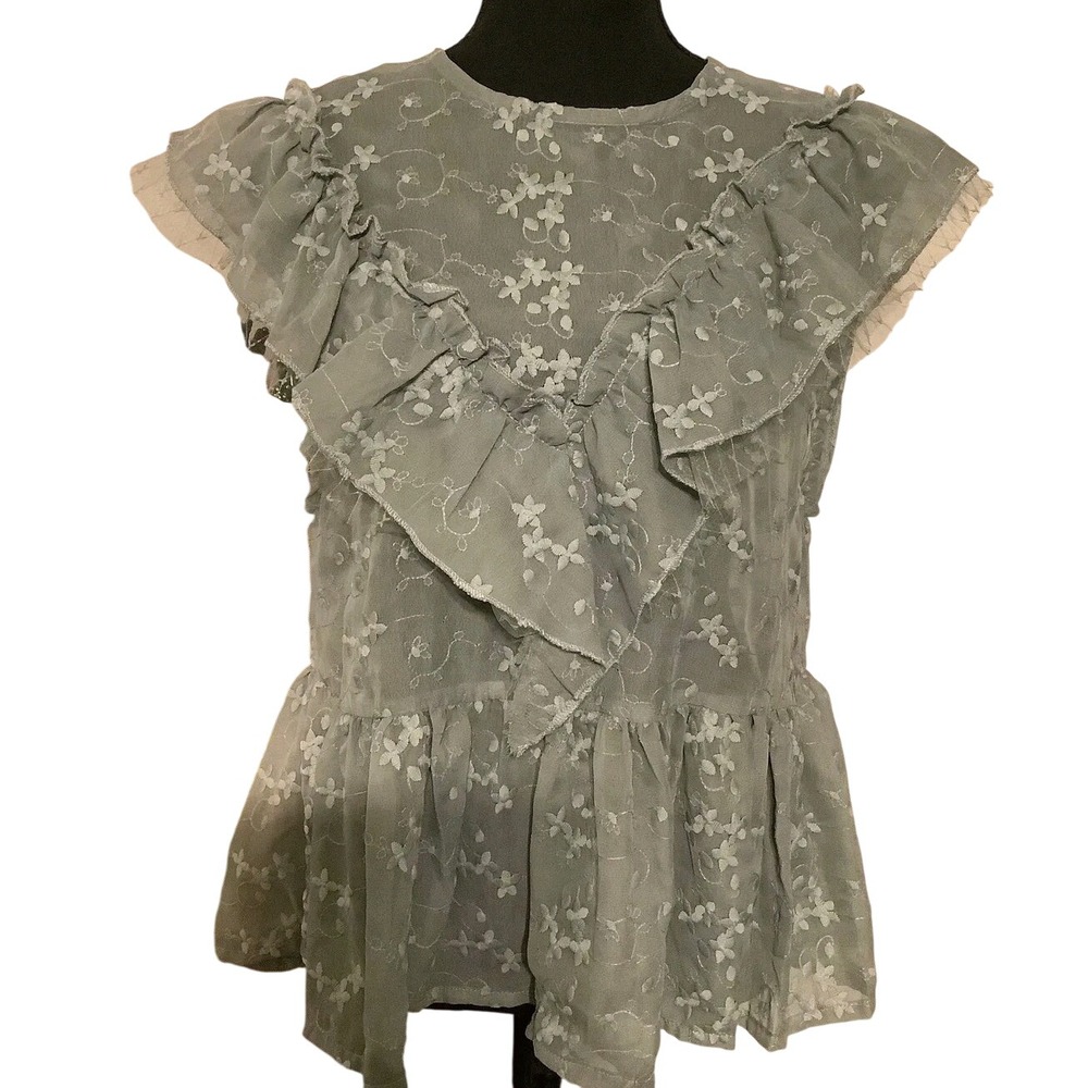 POL Sage Green Floral Embroidered Ruffle Peplum Blouse Small Sleeveless Sheer